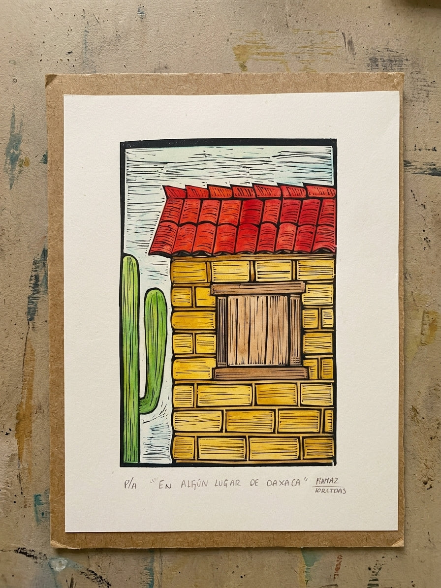 🎨 Grabado “En algún lugar de Oaxaca” – linóleo iluminado a mano, Prueba de Artista