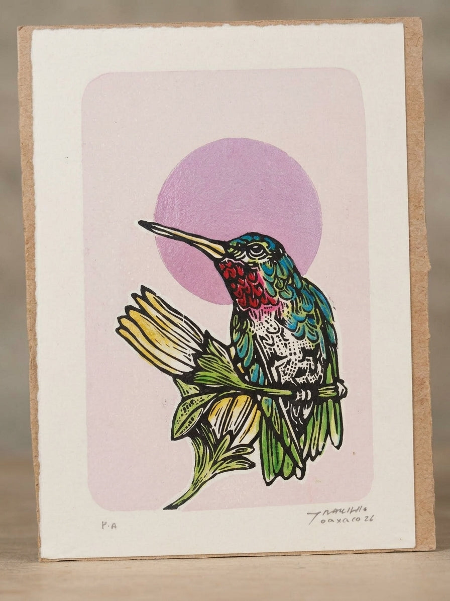 🎨 Grabado artesanal de colibrí y flor – xilografía/linograbado iluminado a mano