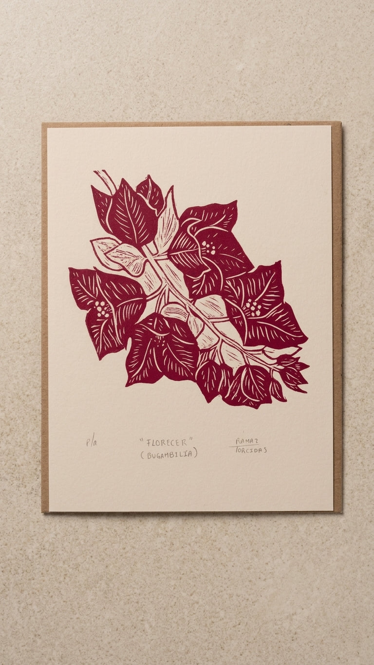 Grabado artesanal de bugambilia “Florecer” – obra gráfica mexicana impresa a mano