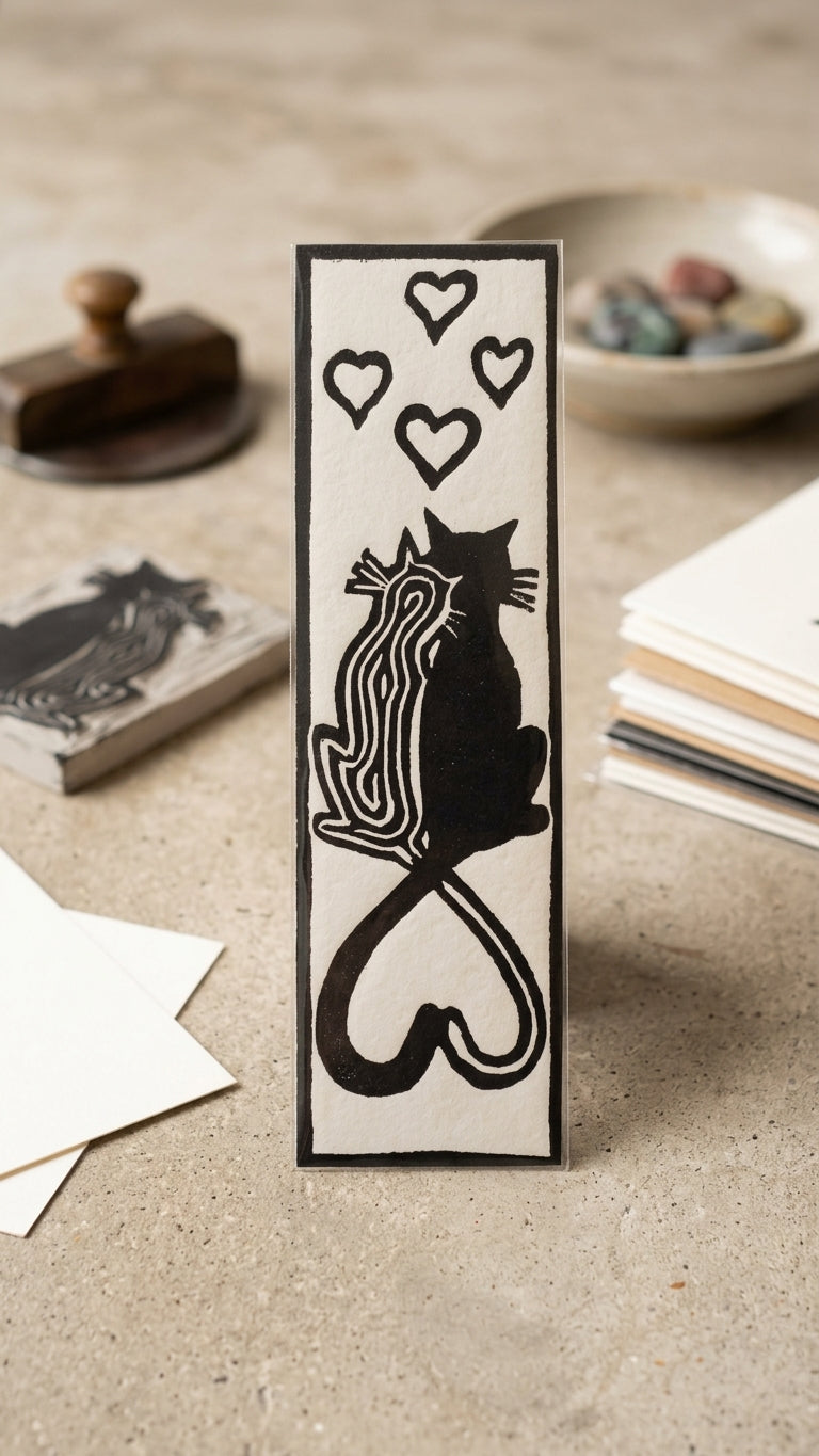 Separador de libros artesanal con gato y corazones – diseño en blanco y negro