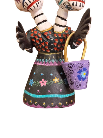 Alebrije de Catrina de Dos Cabezas Tallada y Pintada a Mano