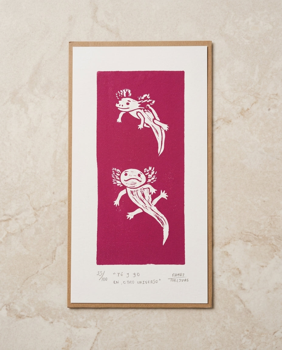 Grabado artesanal “Tú y Yo en Otro Universo” – linograbado numerado hecho a mano en México