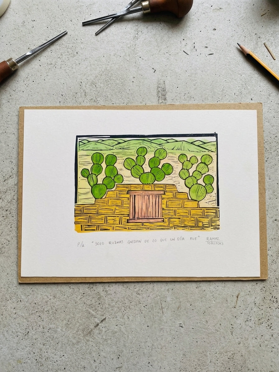 🌵 Grabado artesanal de paisaje rural con nopales – linograbado/xilografía coloreado a mano