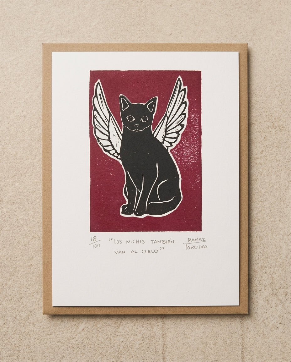 Grabado artesanal “Los Michis También Van al Cielo” – linograbado numerado hecho a mano en México