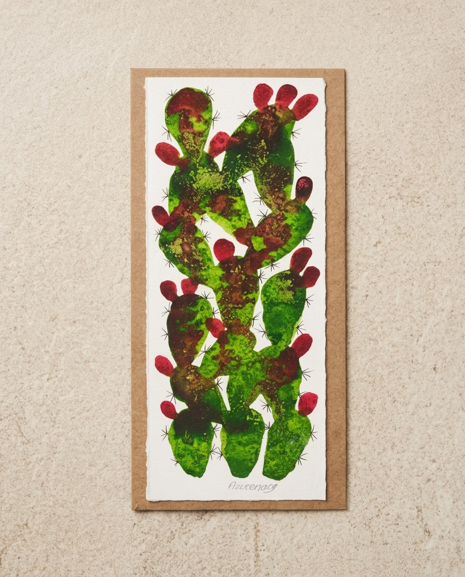 Ilustración artesanal “Nopal con Tunas” – acuarela hecha a mano en México, obra de Azucena CG