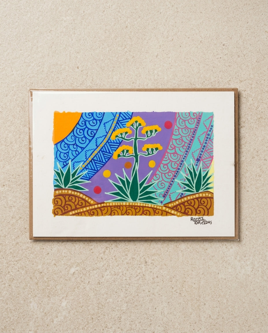 Ilustración artesanal “Agave en Flor” – arte colorido hecho a mano en México