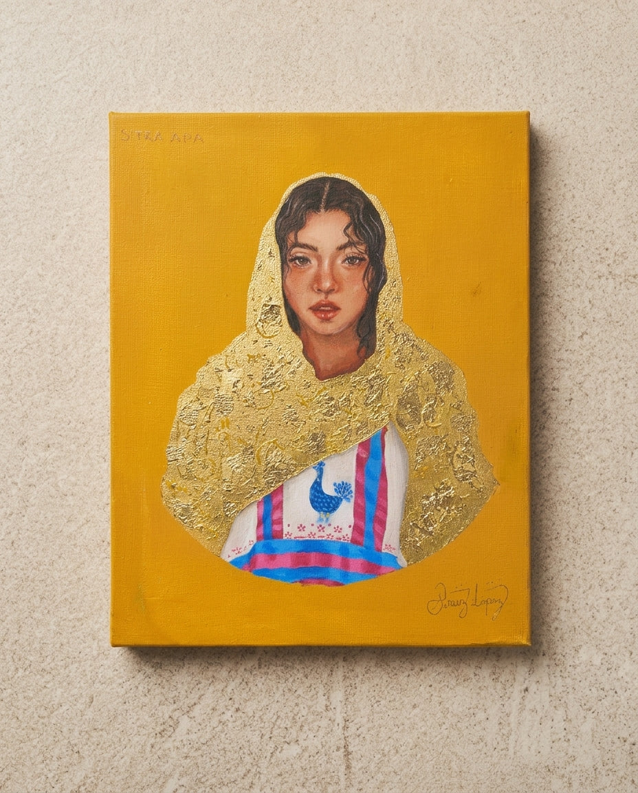 Pintura artesanal “Retrato con Rebozo Dorado” – óleo/acrílico sobre lienzo hecho a mano en México
