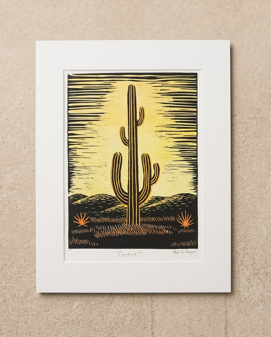 Grabado artesanal “Cactus” – linograbado hecho a mano en México, obra de Abel G. Aragón
