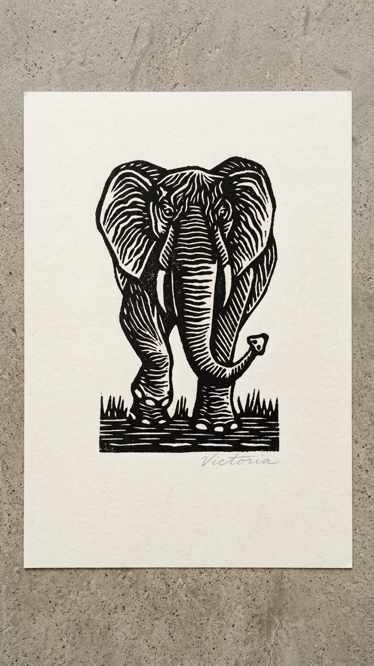 Grabado artesanal de elefante – obra gráfica mexicana