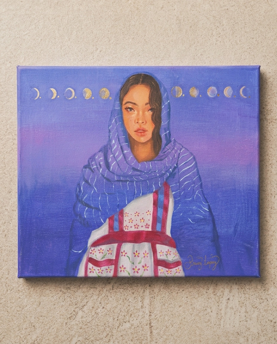 Pintura artesanal “Retrato Nocturno con Rebozo Azul” – acrílico sobre lienzo hecho a mano en México