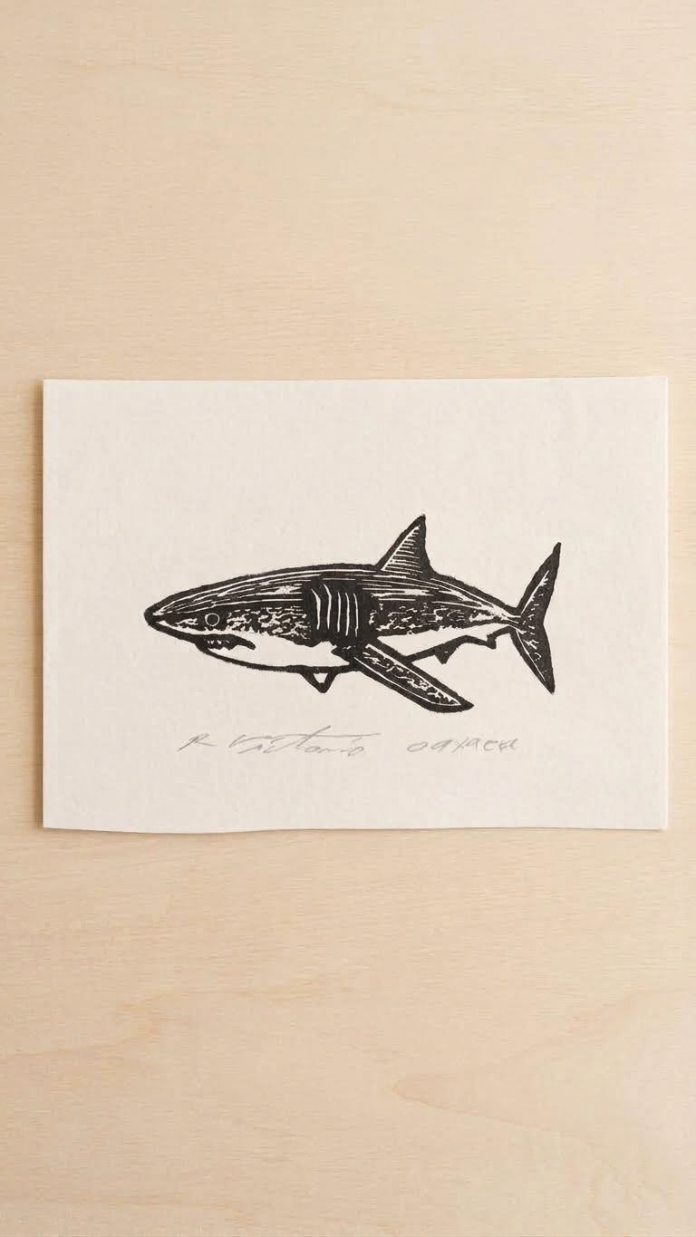 Grabado artístico de tiburón – obra gráfica inspirada en la vida marina