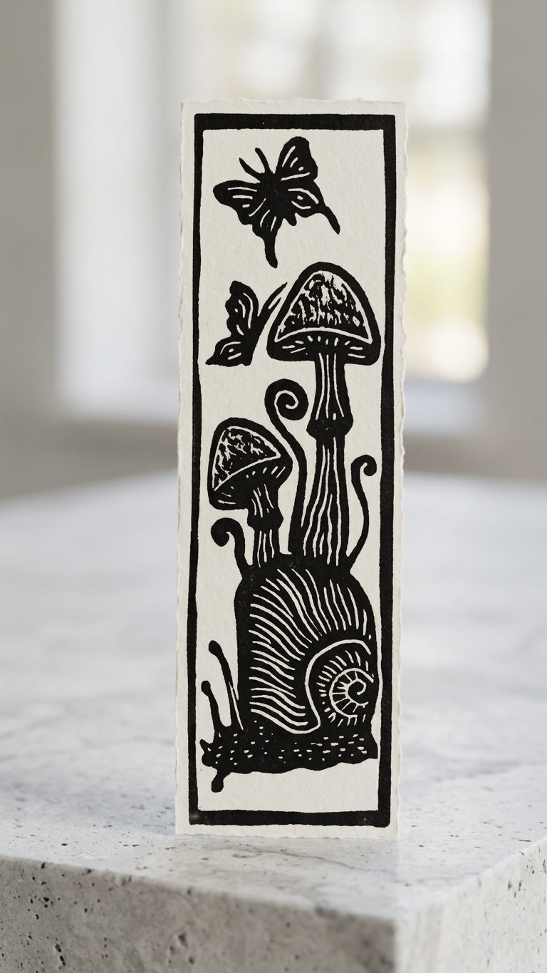 Separador de libros artesanal con caracol, hongos y mariposa – diseño en blanco y negro