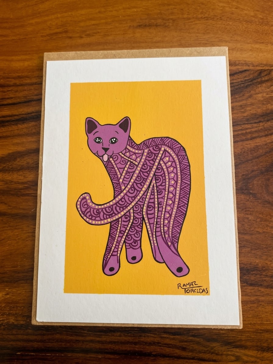 Pintura de Gatito Estilo Alebrije Tradicional de Oaxaca