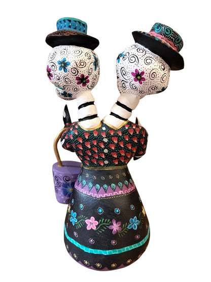 Alebrije de Catrina de Dos Cabezas Tallada y Pintada a Mano